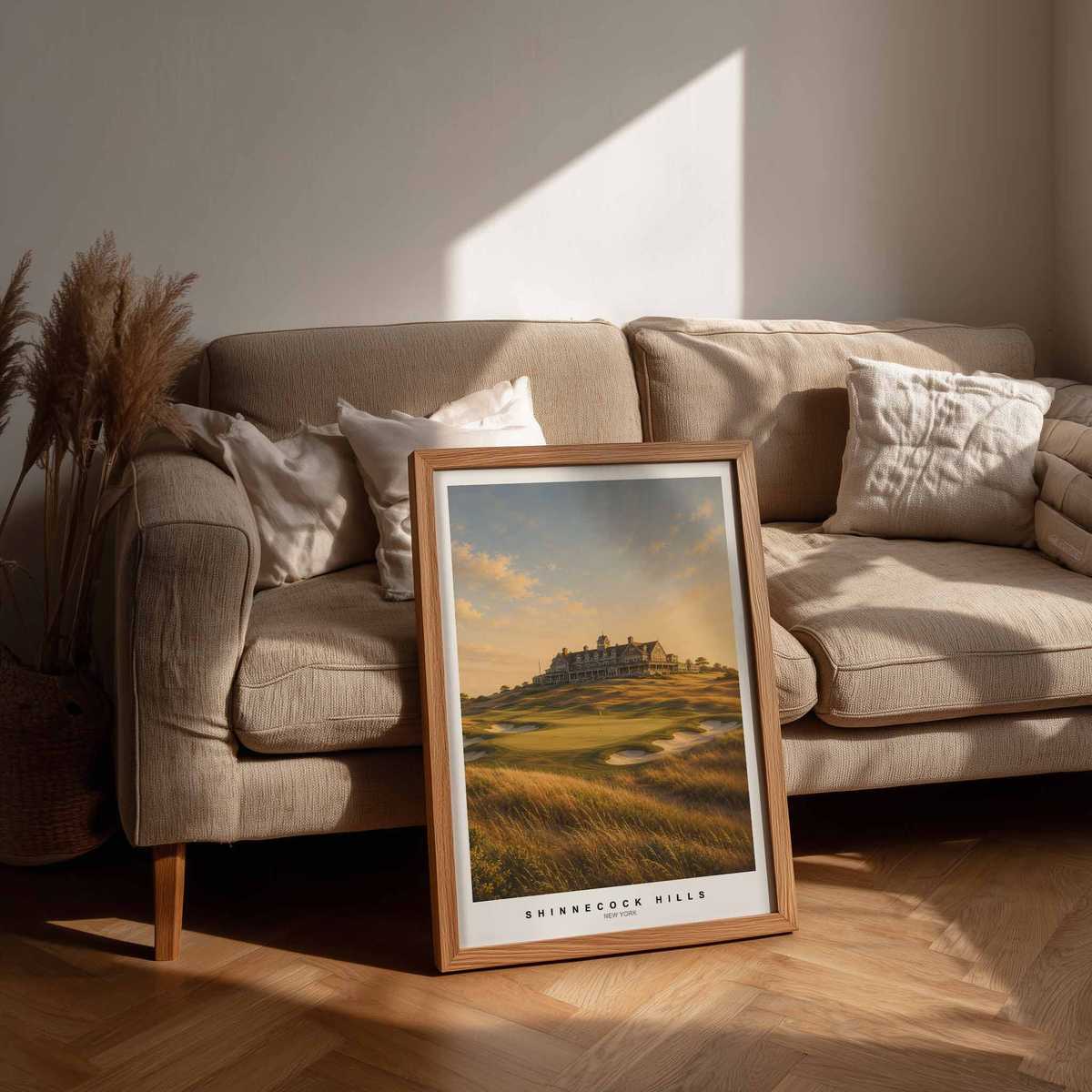 Shinnecock Hills as Wall Art: Horizon, Dune Grasses and Seaside Light framed golf poster shown as printable wall art