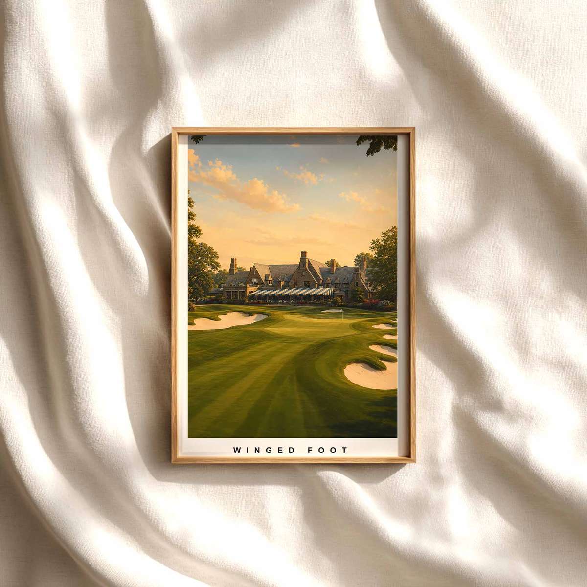 Silhouetted golfer framed by dense trees and strict architectural lines capturing visual gravity