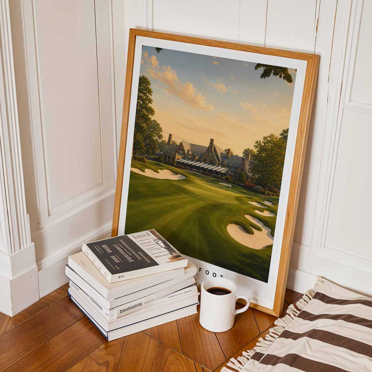 Structured composition of golfer, geometry, and foliage conveying refined visual tension