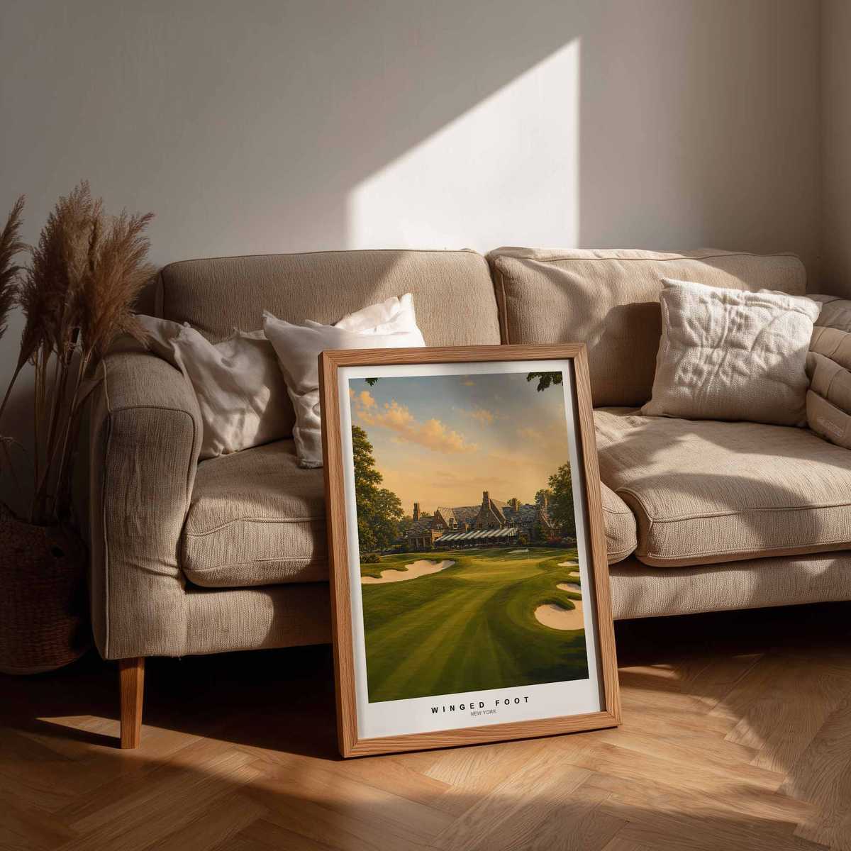 Minimalist golfer figure balanced by dense arboreal texture and rigorous lines for a sophisticated look