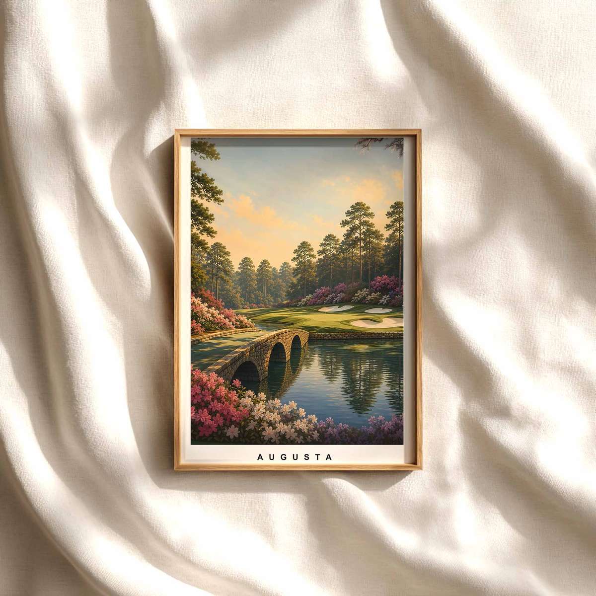 Augusta National fairway framed by gently rolling bunkers and filtered morning light, emphasizing landscape rhythm and…