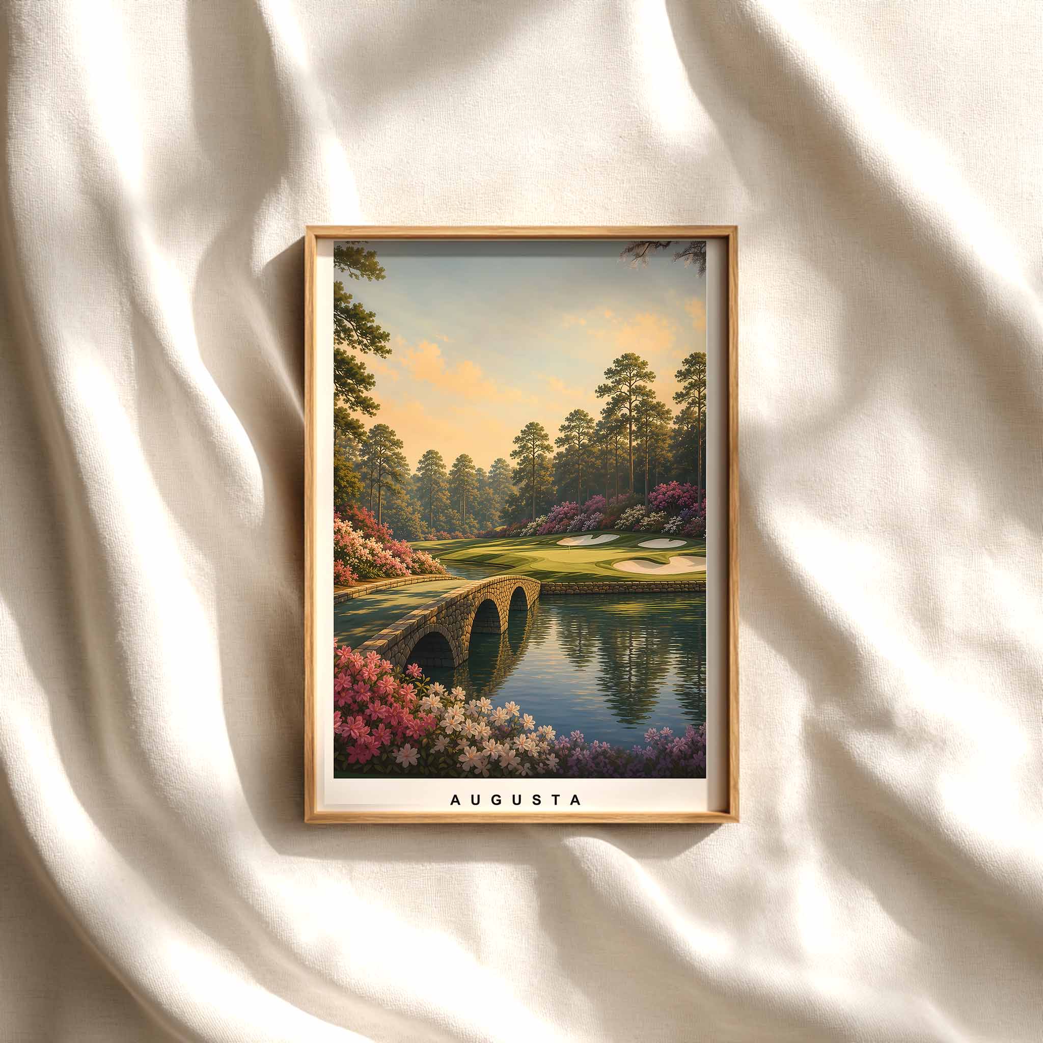 Augusta National fairway framed by gently rolling bunkers and filtered morning light, emphasizing landscape rhythm and…