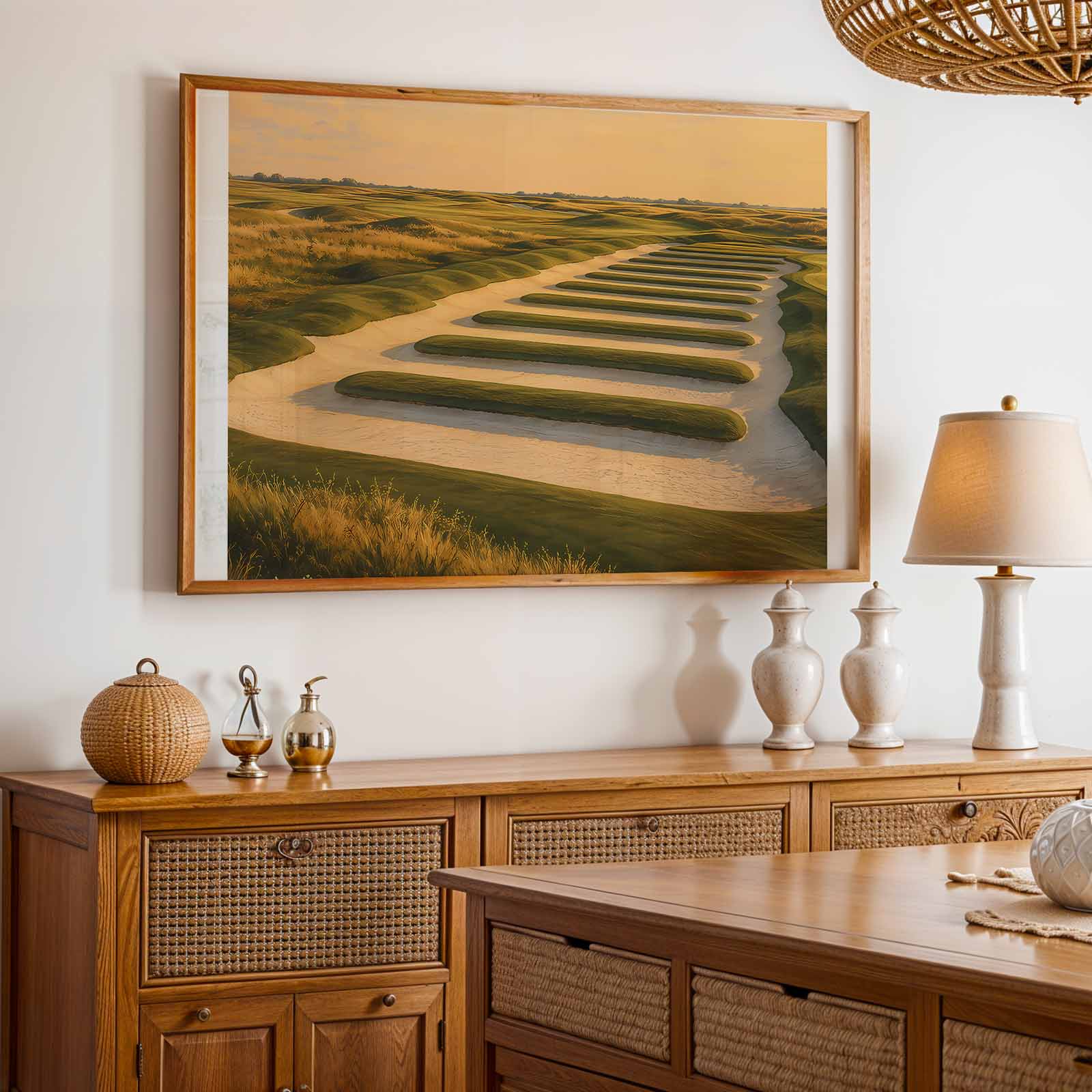 Graphic silhouette of Oakmont bunker patterns forming an austere, disciplined visual rhythm