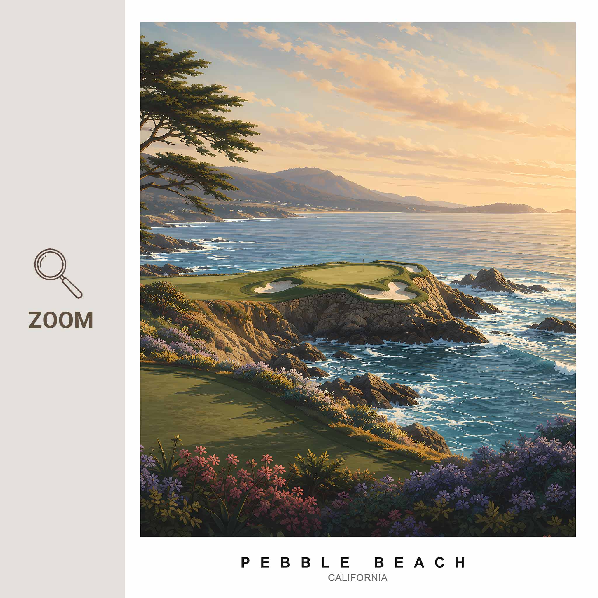 A cliffside pathway winding along Pebble Beach with views down to the surf and greens perched above the water