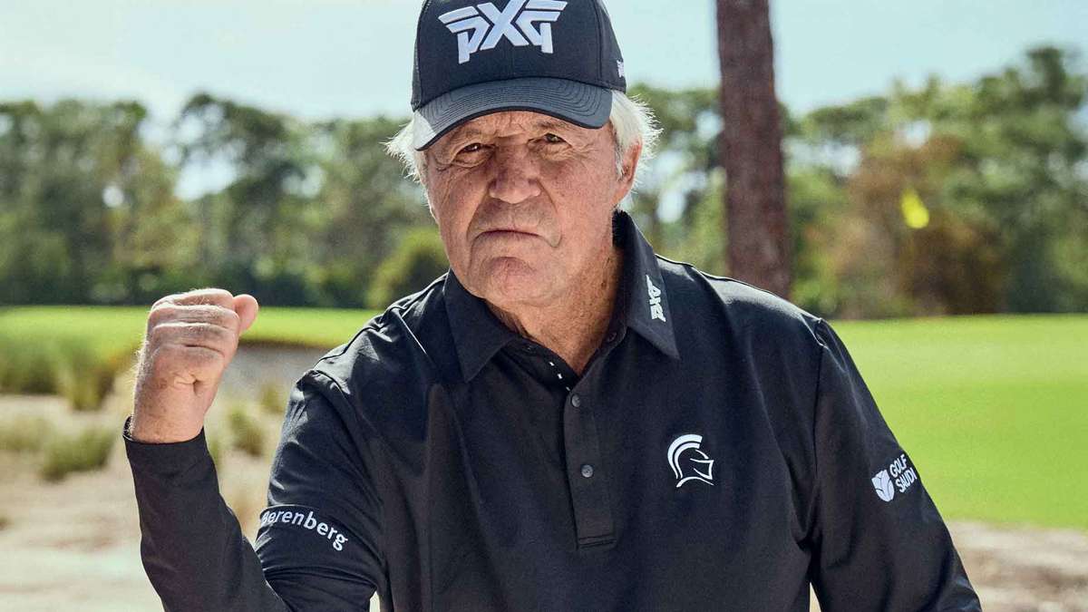 Gary Player demonstrating a compact, athletic posture over the ball during a championship round
