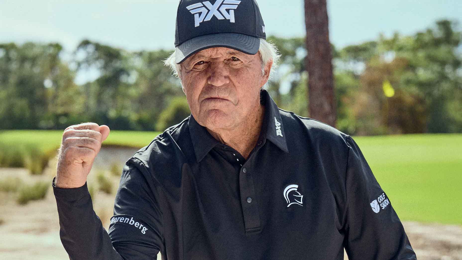 Gary Player completing a powerful golf swing on a sunny course, showing athletic posture and focused expression