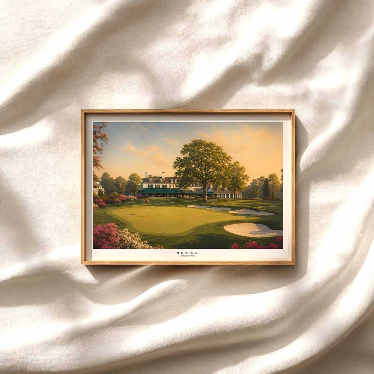 Merion East Wicker Baskets — Subtle Vintage Golf Poster golf poster displayed as framed wall art in a refined interior