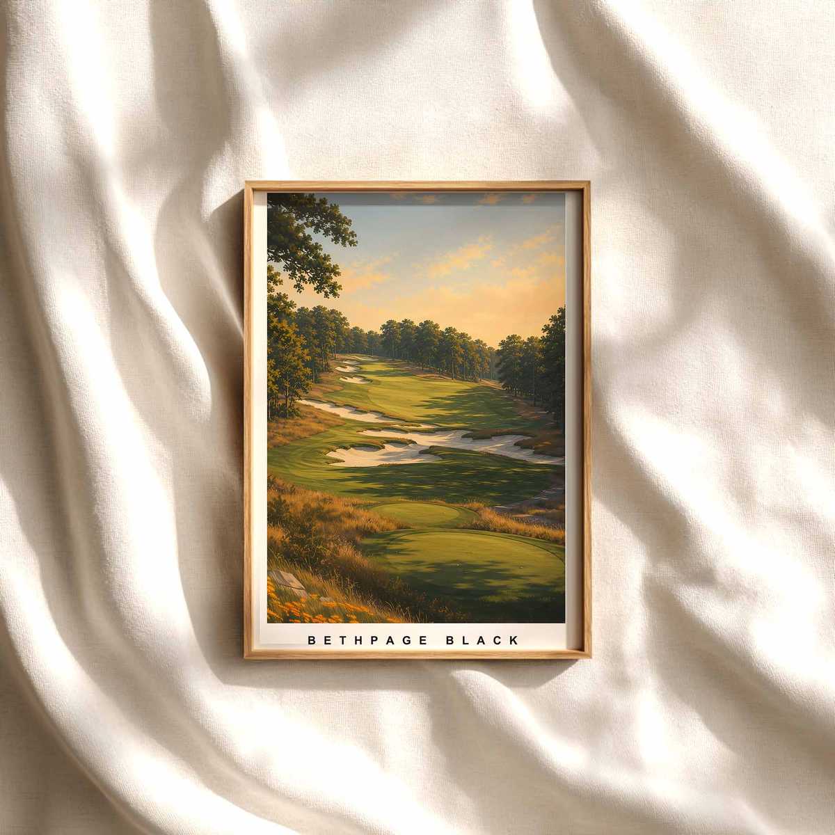 Bethpage Black Silhouette Poster — Power and Scale golf poster displayed as framed wall art in a refined interior