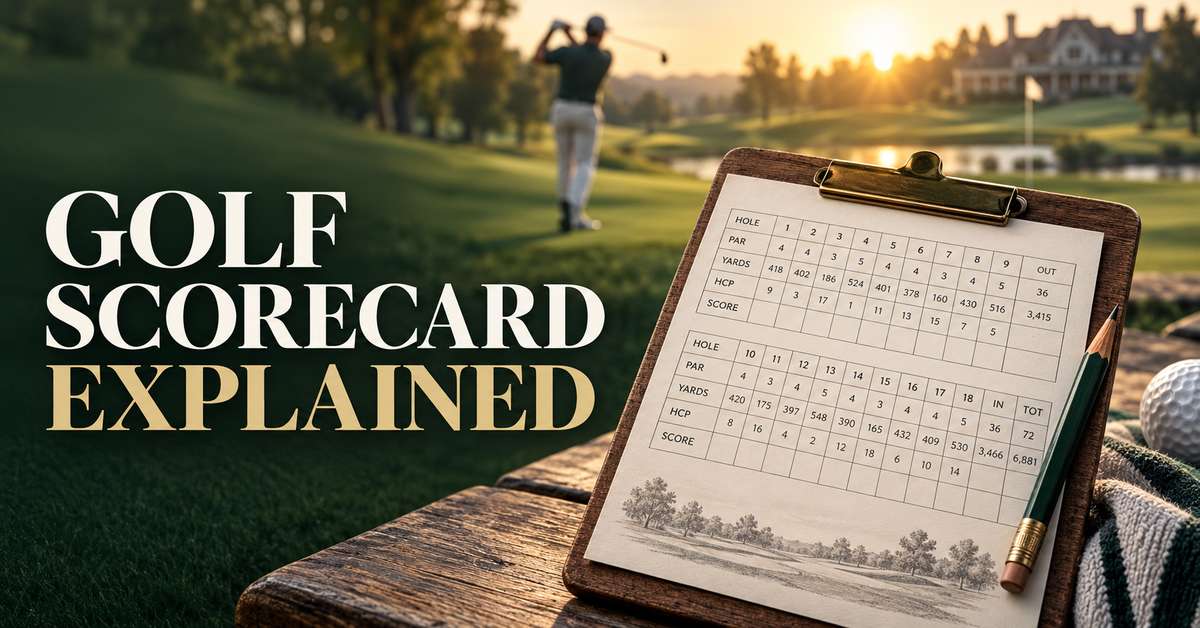 Top-down photo of a golf scorecard showing front nine and back nine columns with pars, yardages and spaces for player names
