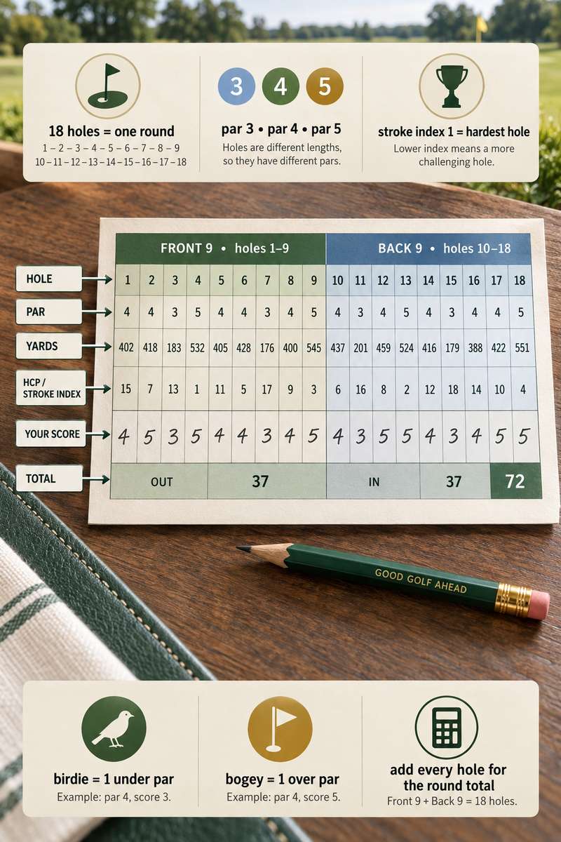 Close-up of yardage row across different tee boxes on a scorecard labeled white, blue and red tees