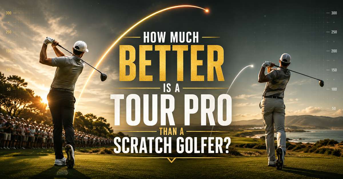 Tour professional tee shot showing long carry and tight fairway accuracy compared to a scratch golfer in background
