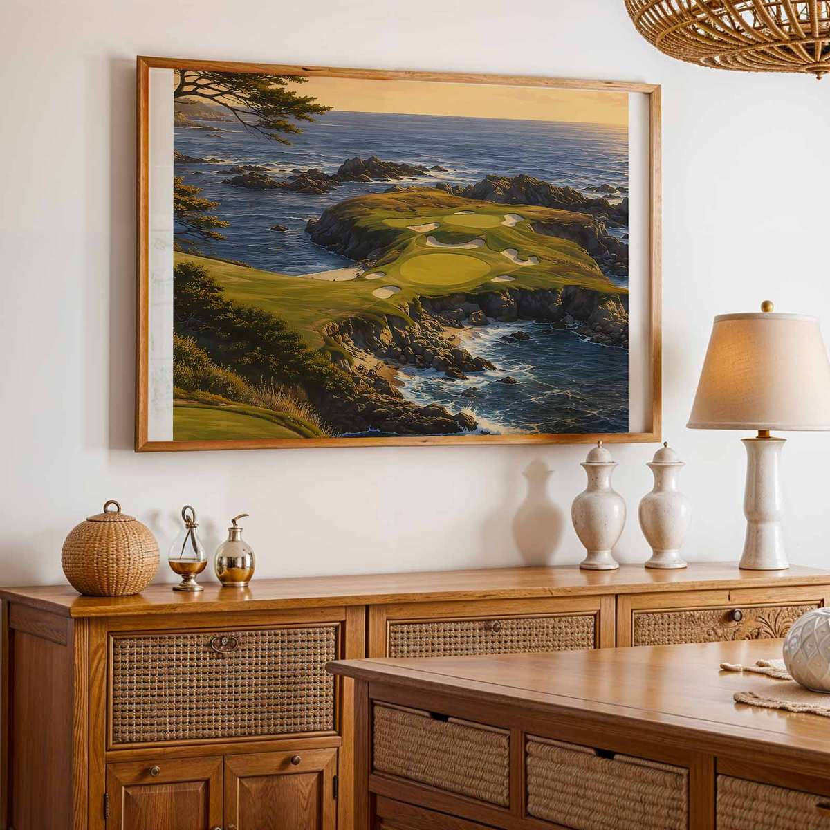 Layered dunes and perched greens receding into cool light, creating depth and compositional layers