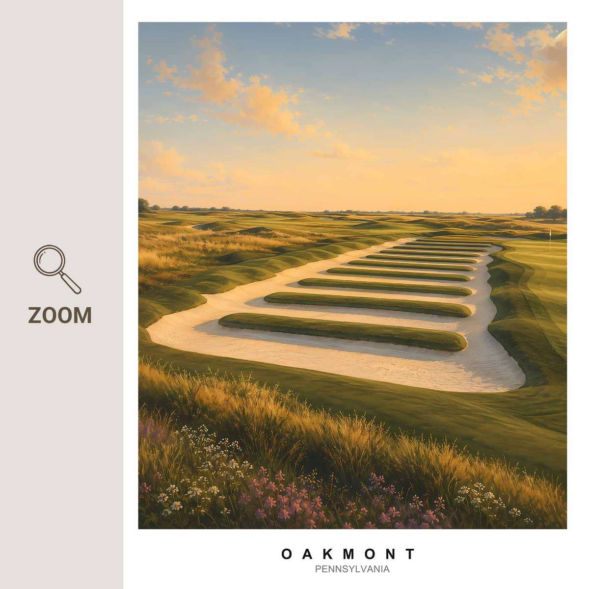 Close-up of a sharply defined Oakmont bunker with strong contrast and textured sand detail