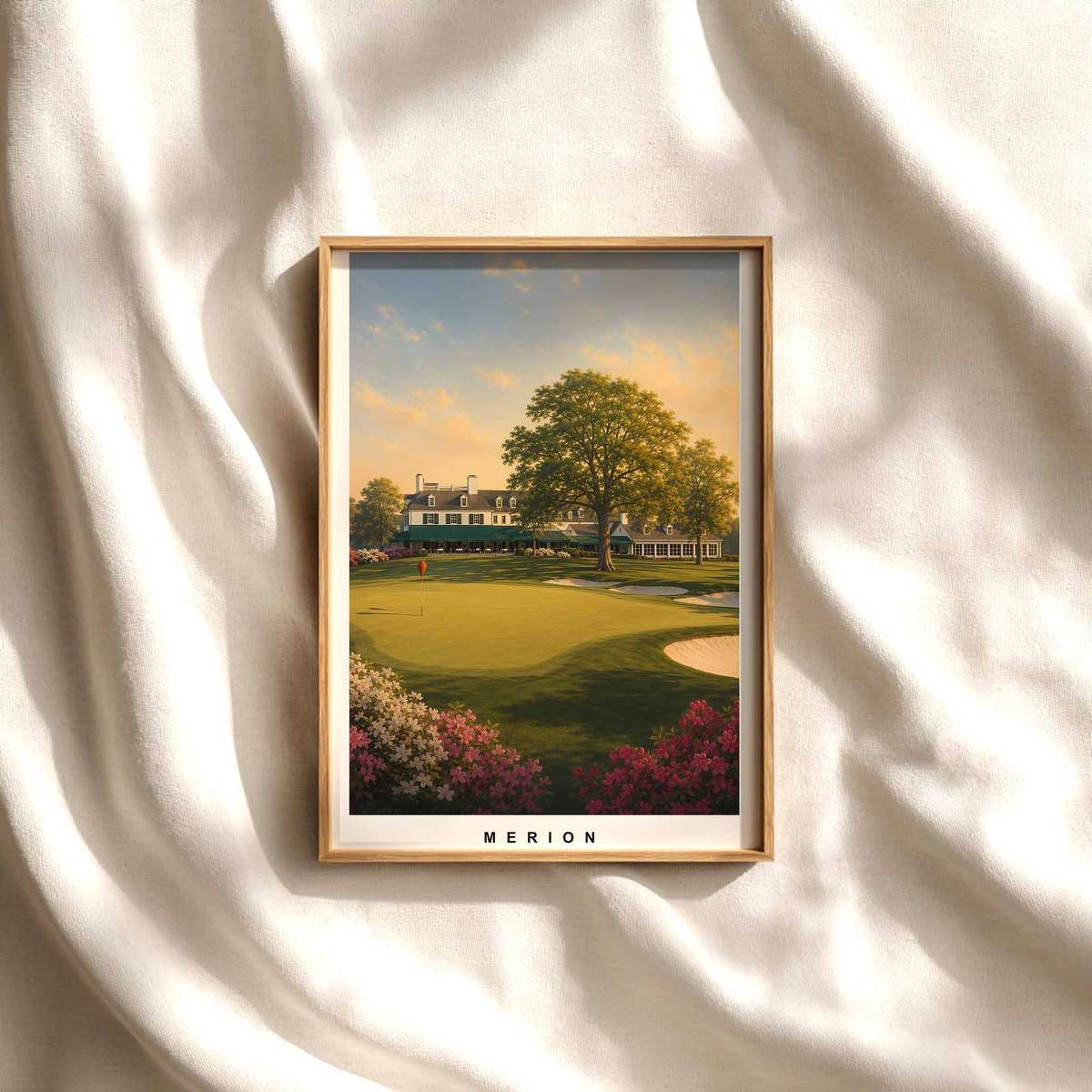 Merion Golf Club East interior scene with wicker basket, leather armchair, and muted golf prints creating a study-like…