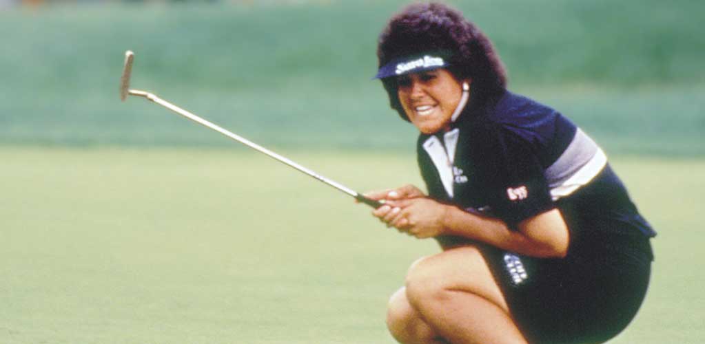 Nancy Lopez delivering a powerful opening swing during a tournament in her breakout 1978 season