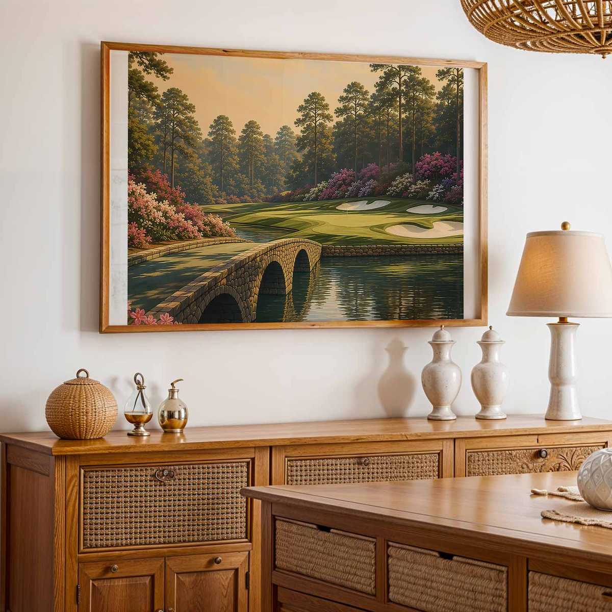 Decorative study of Pinehurst No. 2 showing a stylized junction of sand, grass, and pine trunks