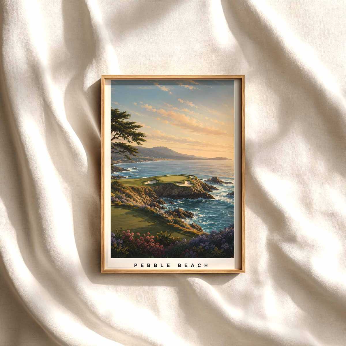 Pebble Beach Cliffs at Sunset Poster golf poster displayed as framed wall art in a refined interior