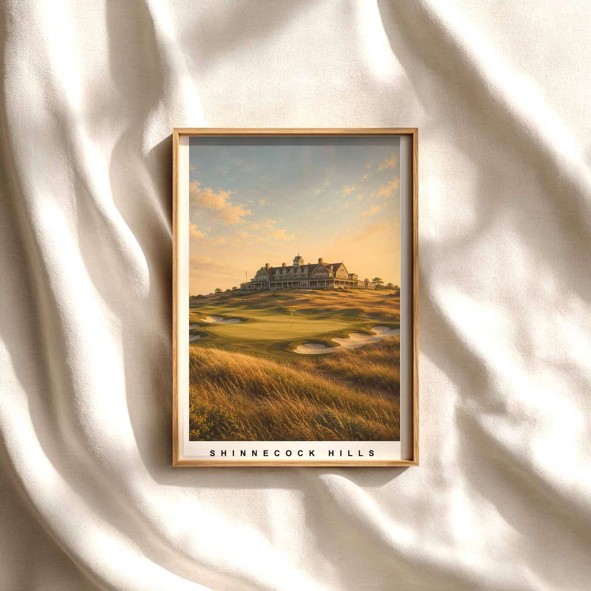 Wide view of Shinnecock Hills showing an open horizon over the golf course with distant sky