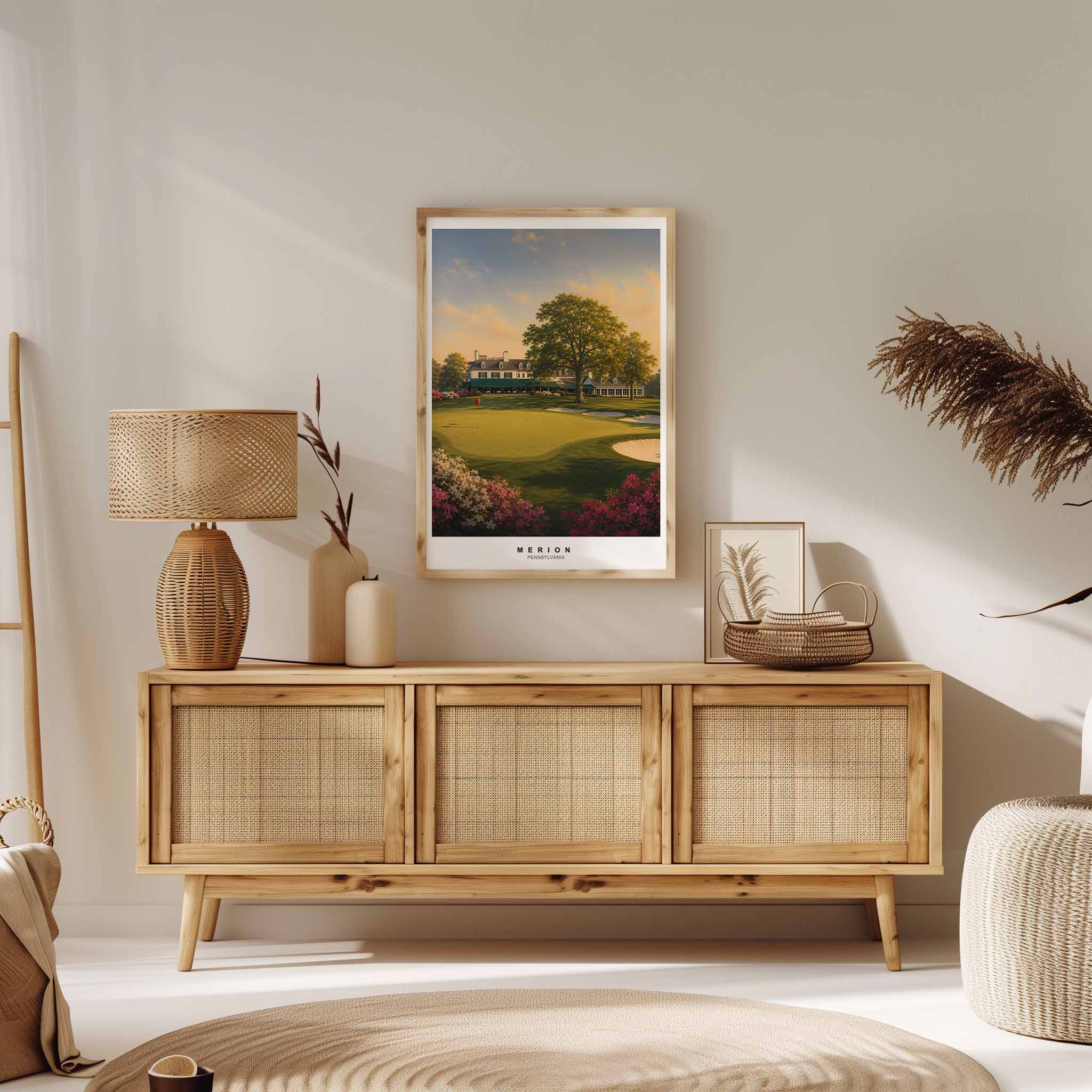 Merion East fairway bathed in soft light, composed to emphasize intimate perspective and tranquil landscape suitable for…