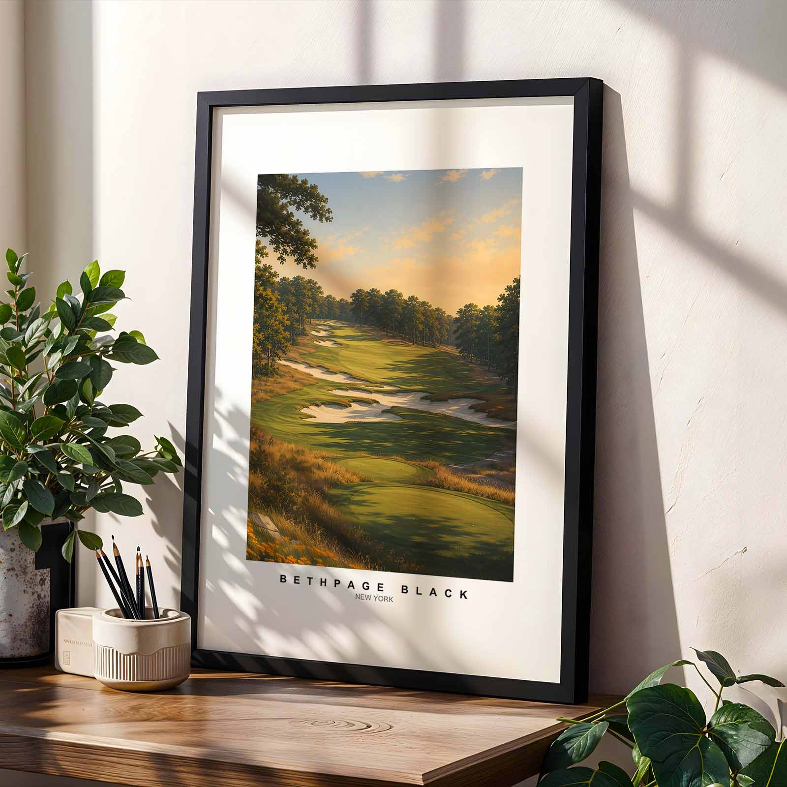 Tense routing of Bethpage Black with strong light and shadow contrast accentuating the course’s severity