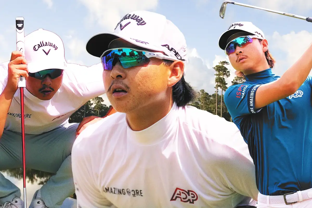 Golfer raising a fist in celebration after sinking a decisive putt, crowd blurred in the background