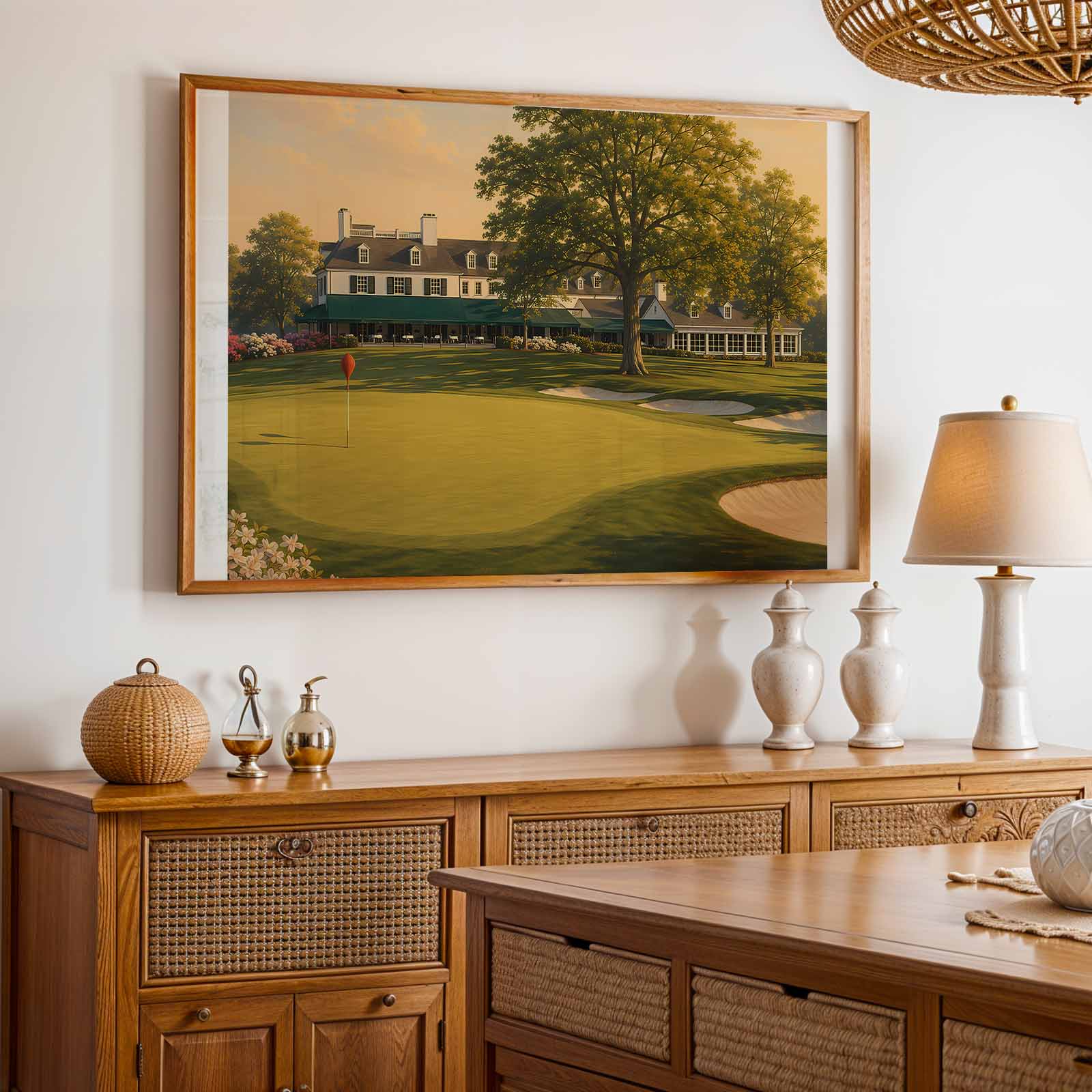 Still life of a wicker golf basket, vintage ball, and faded club illustrations referencing Merion East's clubhouse traditions