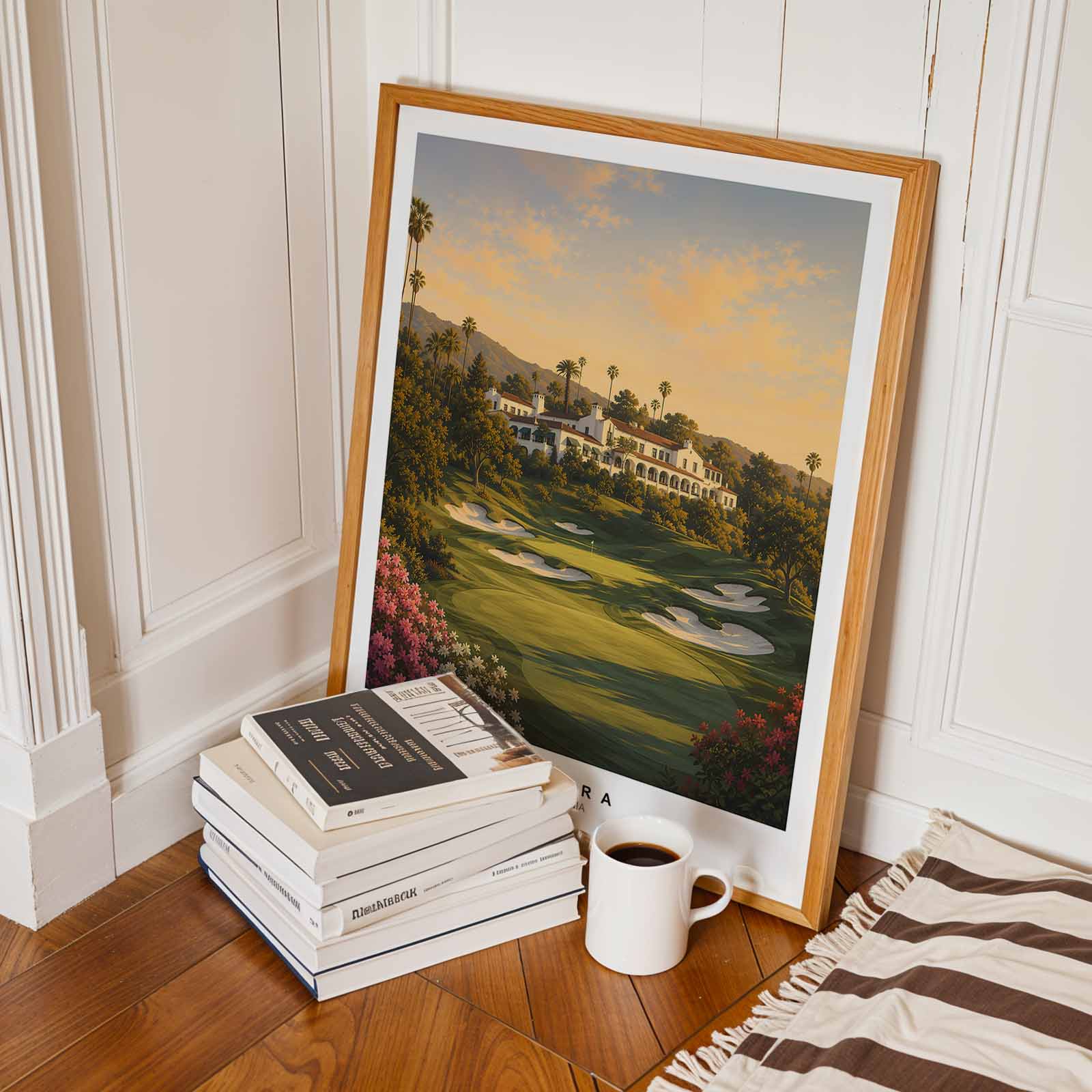 Wide composition framing the golfer, the converging shot line and Riviera landscape for a balanced poster layout