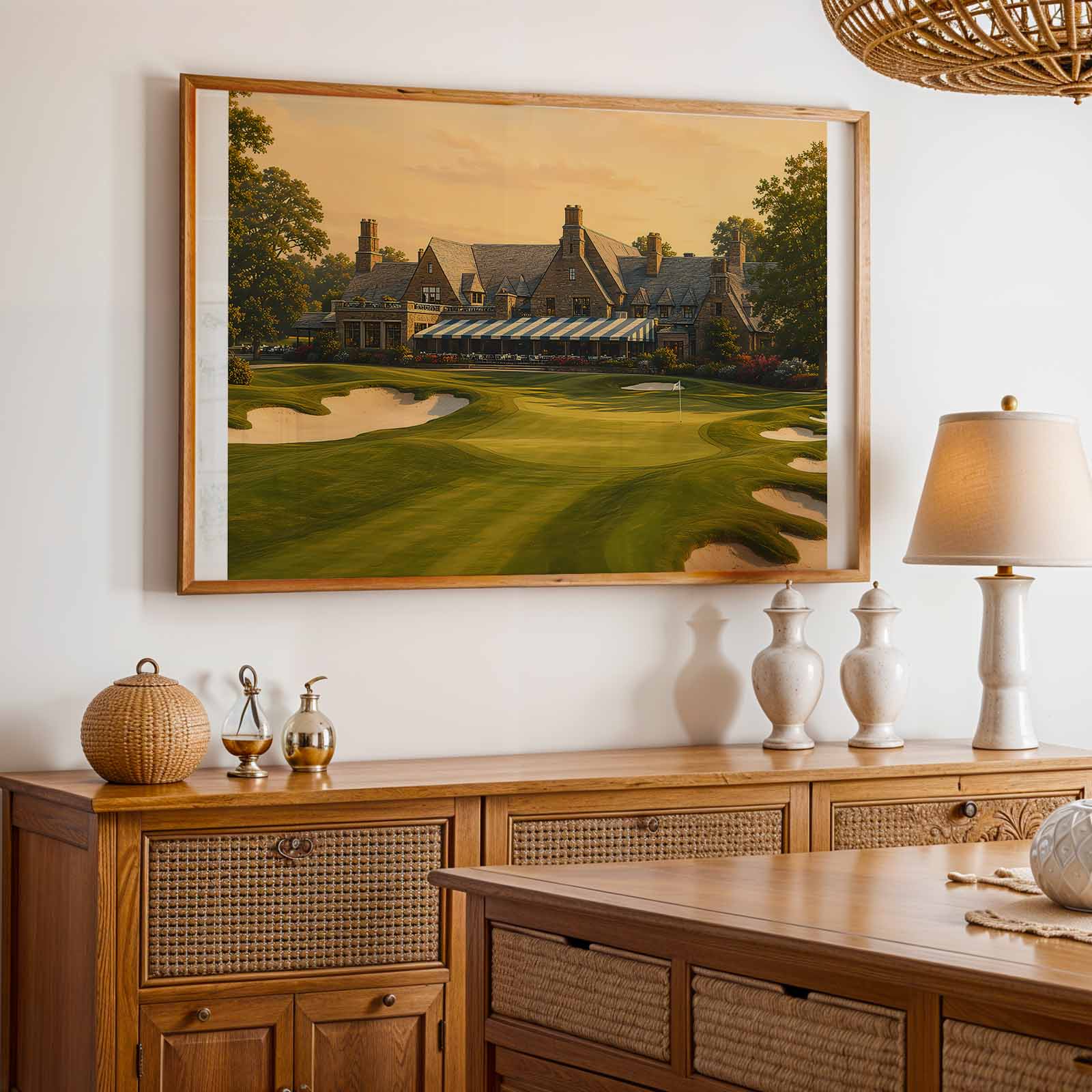 Silhouetted golfer framed by dense trees and strict architectural lines capturing visual gravity