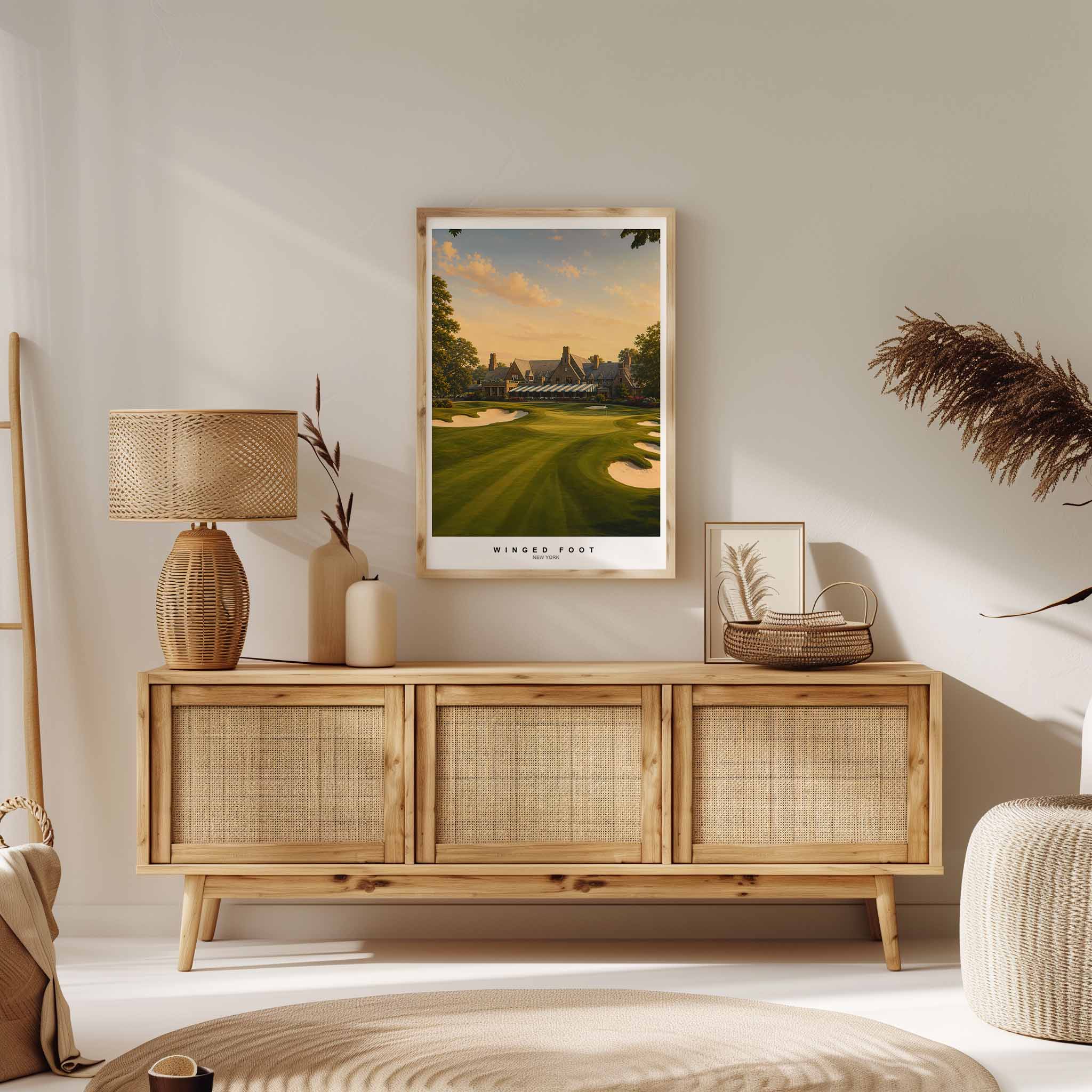 Minimalist golfer figure balanced by dense arboreal texture and rigorous lines for a sophisticated look
