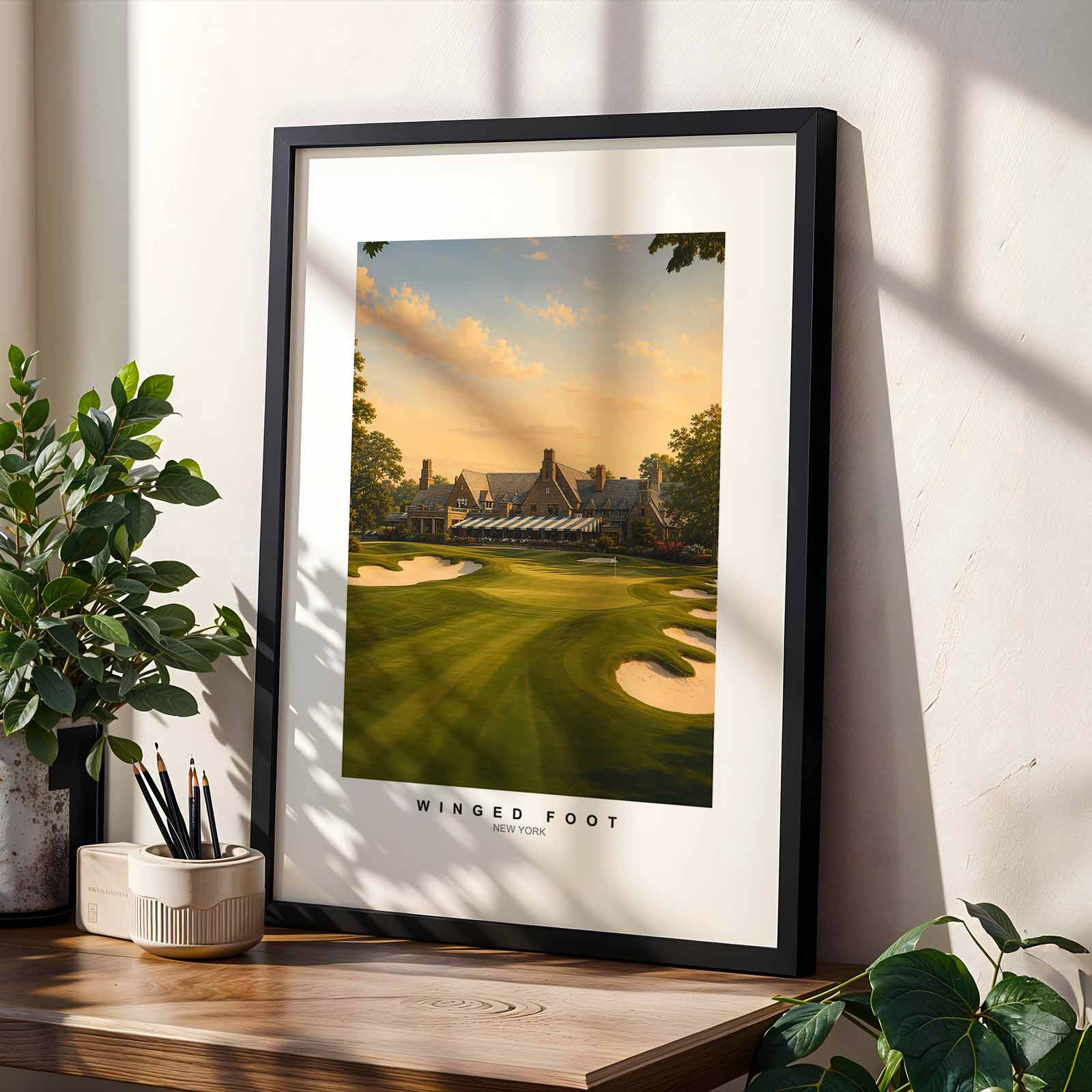 Structured composition of golfer, geometry, and foliage conveying refined visual tension